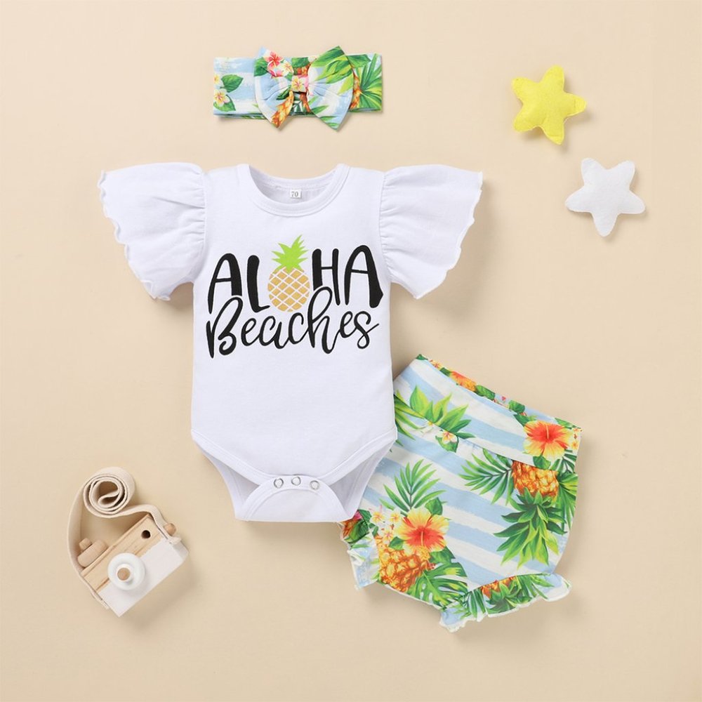 Aloha Beaches Flutter Sleeve Bodysuit, Ruffle Shorts & Headband 3pcs Baby Outfit